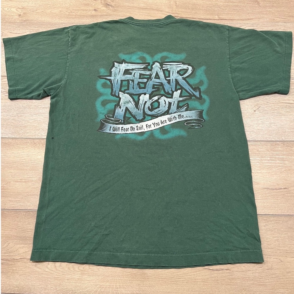 Vintage 90s Fear Not Psalm 23 4 Christian T-Shirt Green XL No fear parody